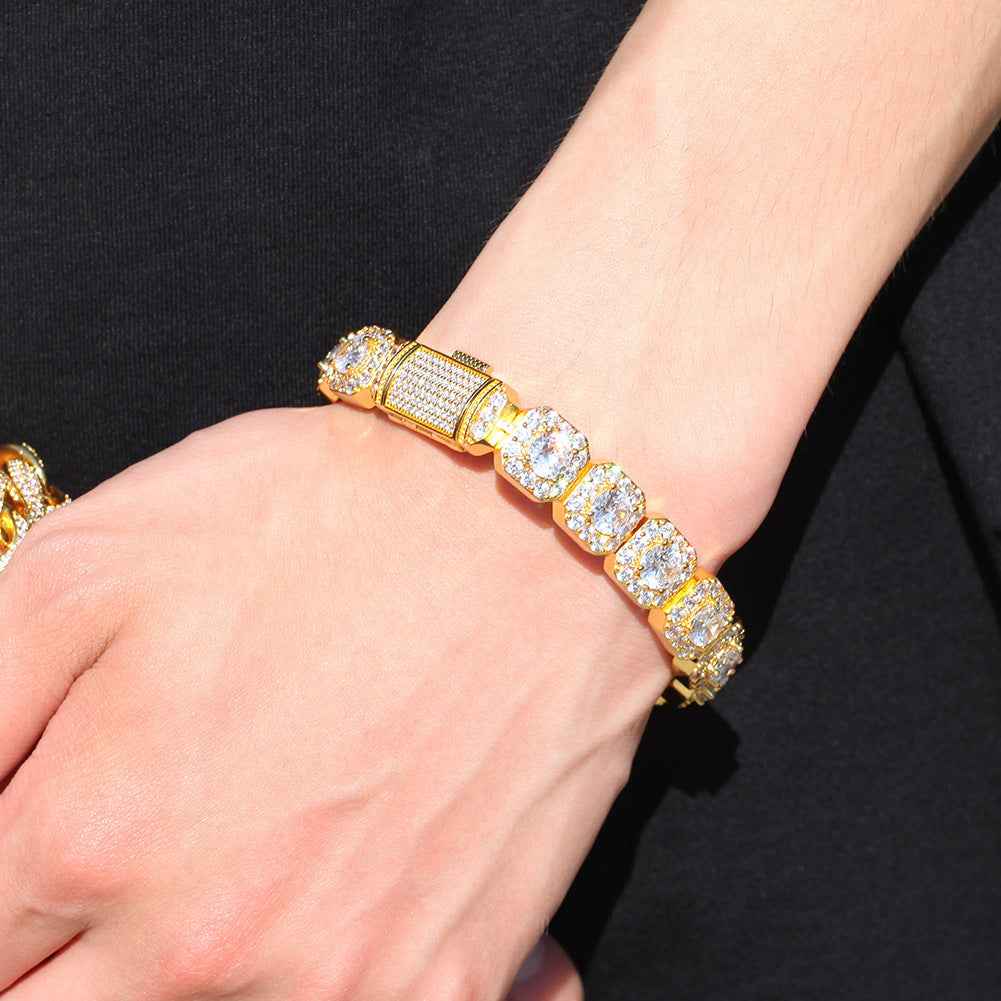 Hip-Hop Zircon Bracelet – Geometric Micropaved Unisex Statement Jewelry (Gold or Silver, 7" & 8" Options)