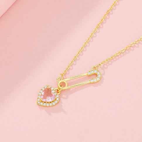 Pink Heart Safety Pin Necklace - Trendy and Chic Accessory