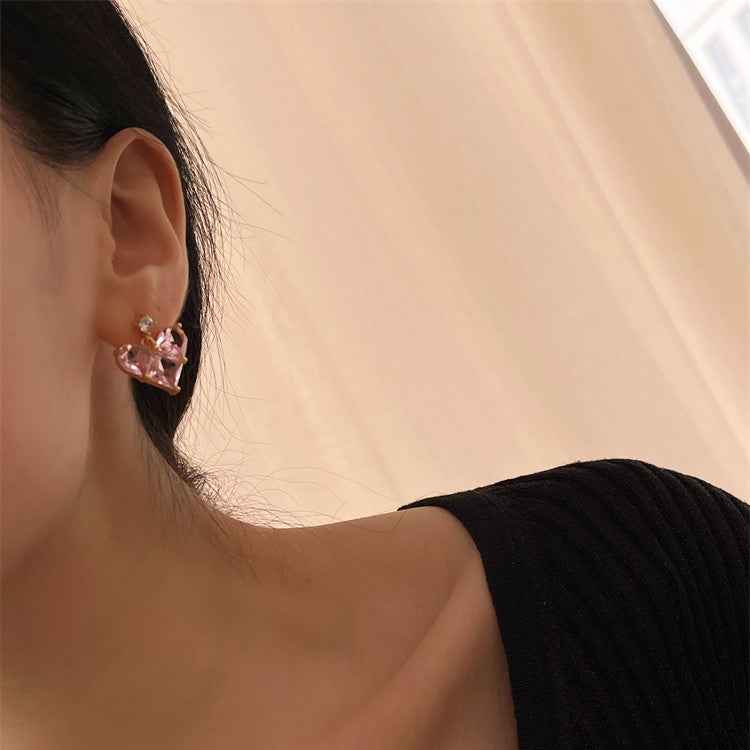 Pink Heart Geometric Earrings - Modern Women's Jewelry in 18K Gold-Plated Copper with Zircon Accents