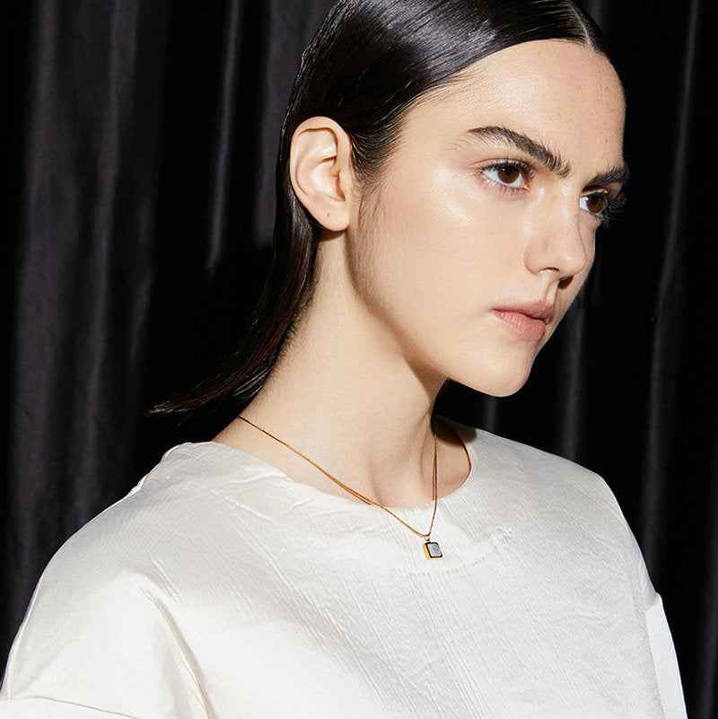 14K Gold Plated Jade Necklace with White Jade Pendant on Adjustable Stainless Steel Chain