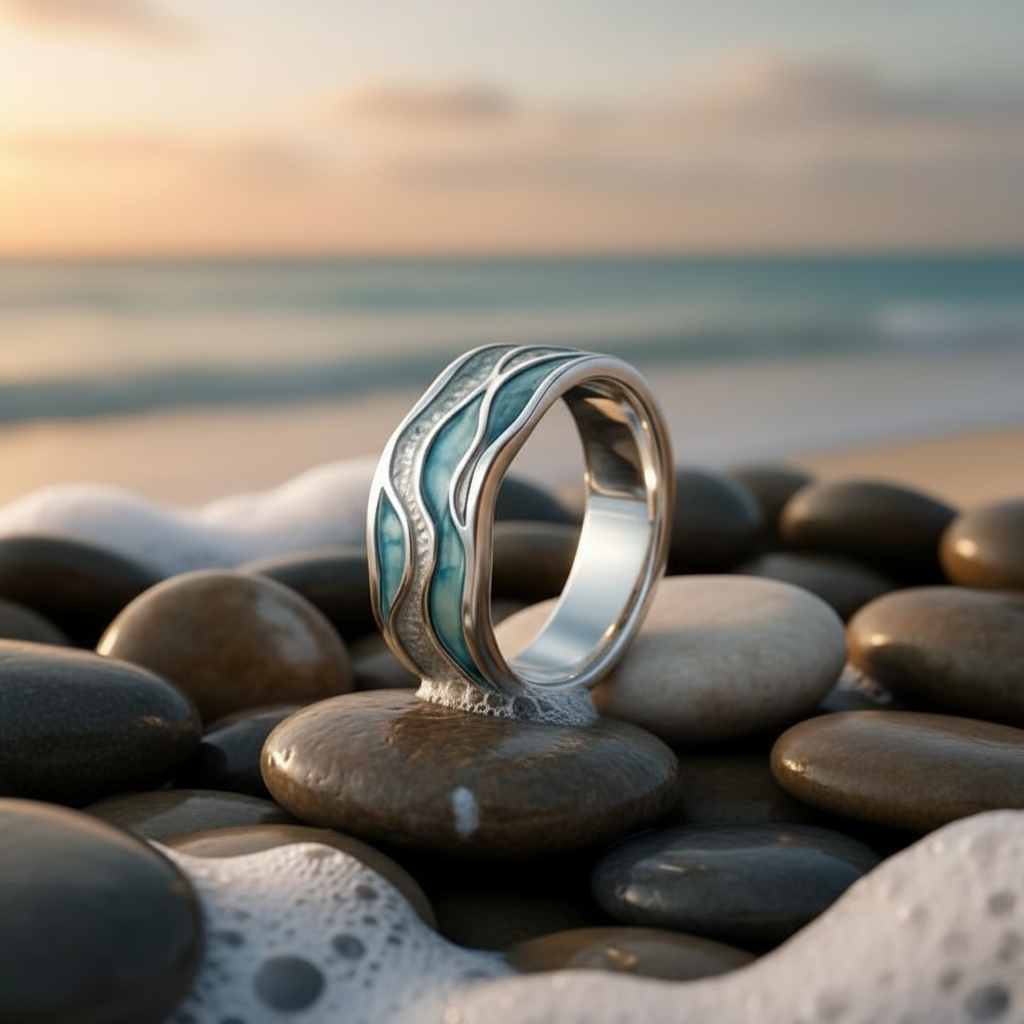 Aurora Ocean Wave Ring – Unisex Silver Beach Holiday Jewelry | Coastal-Inspired Shimmer Statement - Eterna