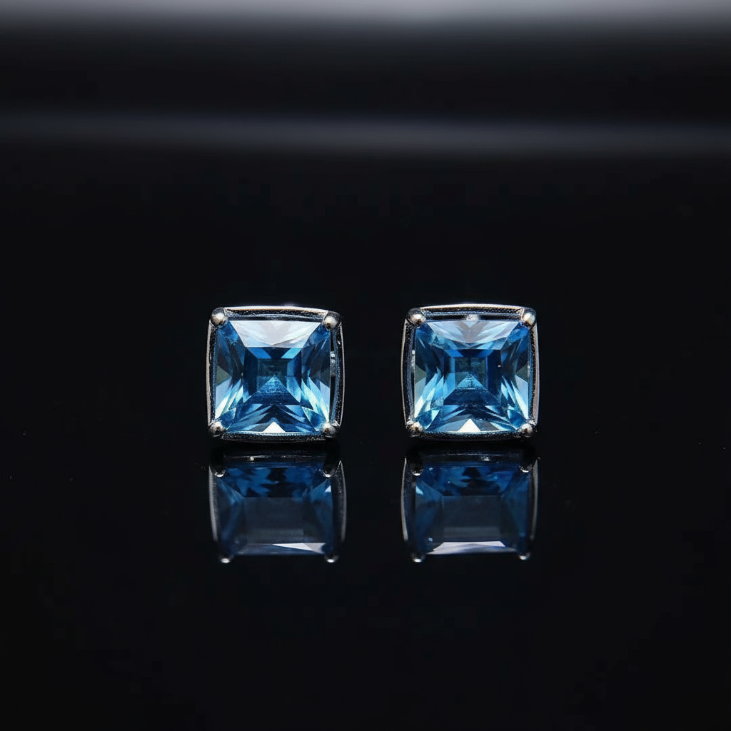 Natural Blue Topaz Stud Earrings – 925 Sterling Silver, Triple-Plated Platinum & Rose Gold - Eterna