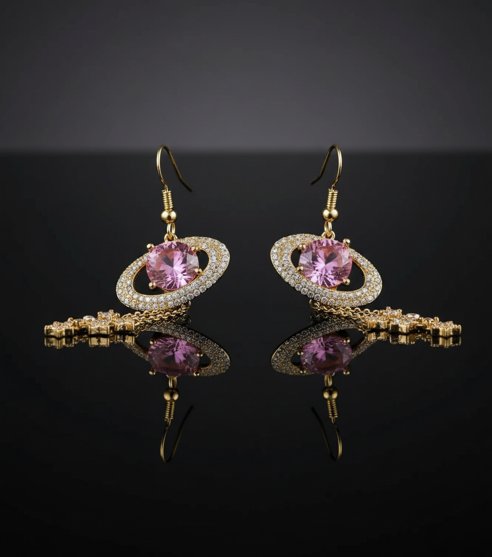 Exquisite Saturn Long Earrings – Celestial Universe Design, White Stones, Alloy, Multiple Styles - Eterna