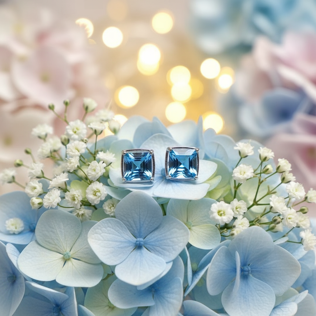Natural Blue Topaz Stud Earrings – 925 Sterling Silver, Triple-Plated Platinum & Rose Gold - Eterna