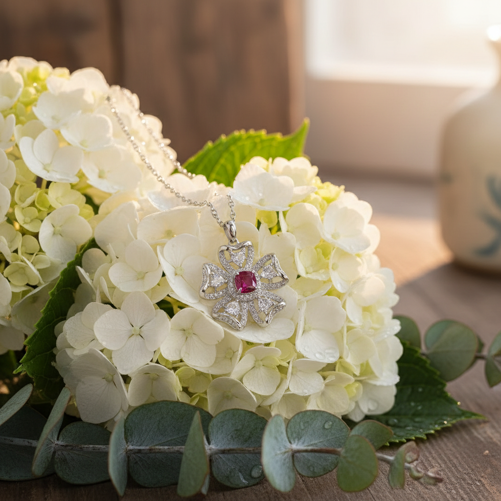 Red Square Pendant Necklace – Sterling Silver, Synthetic Ruby, Minimalist Classic - Eterna