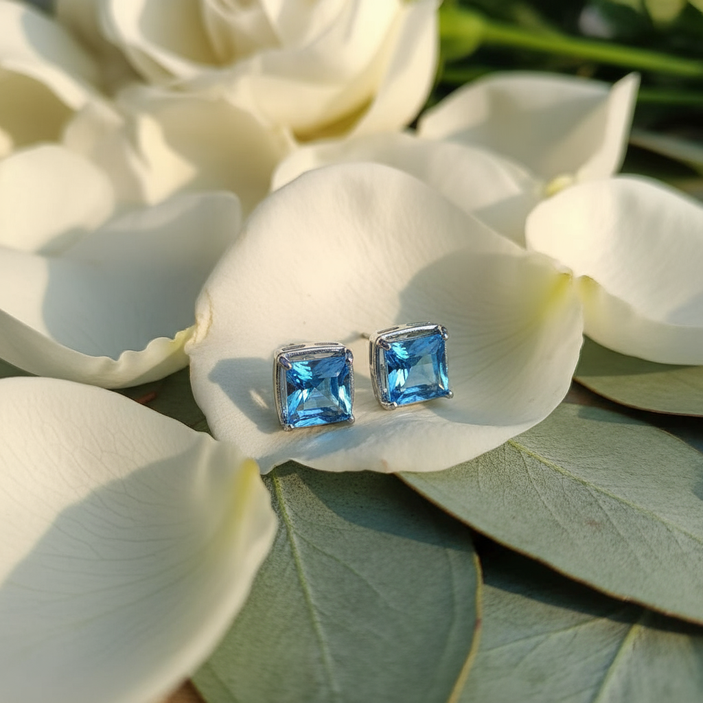 Natural Blue Topaz Stud Earrings – 925 Sterling Silver, Triple-Plated Platinum & Rose Gold - Eterna