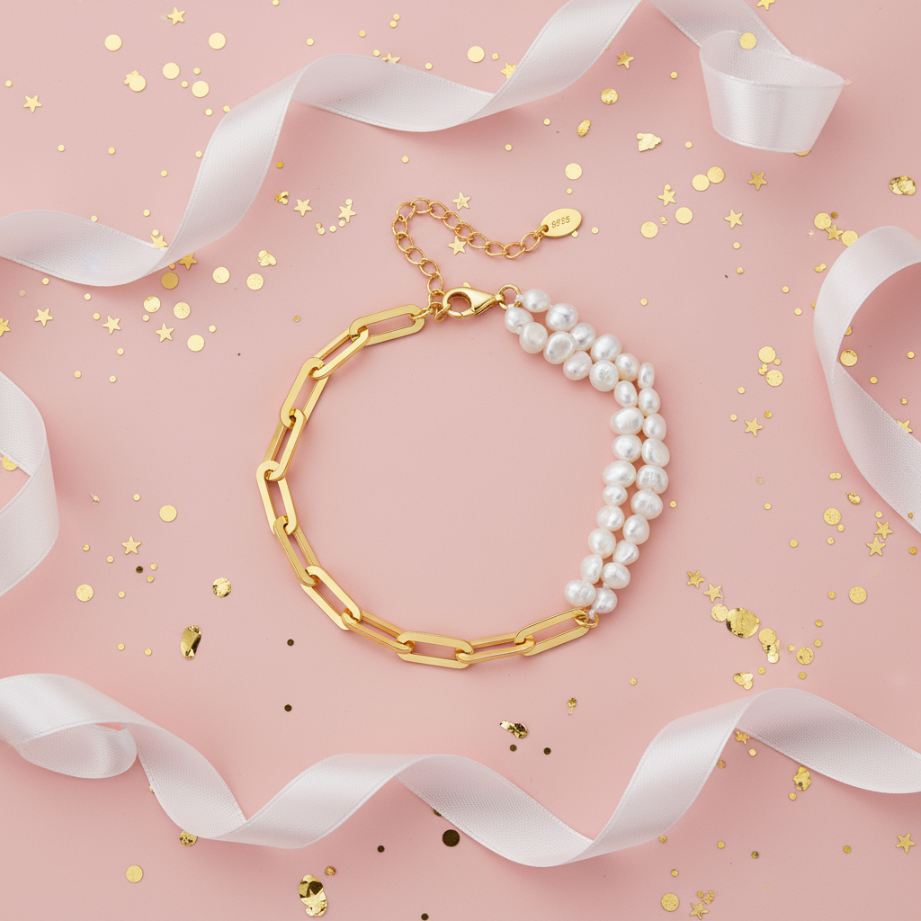 Natural Water Pearl & Sterling Silver Bracelet – 14K Gold or Platinum Finish, Geometric Elegance - Eterna