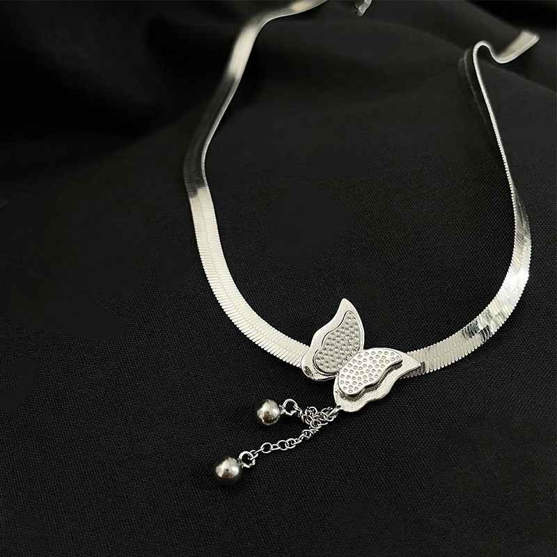 Flat Snake Bone Chain Necklace with Butterfly Pendant in S925 Sterling Silver – Korean Style Fashion Accessory