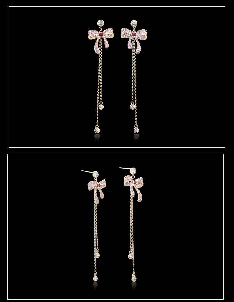 Gold Tassel Drop Earrings in Sterling Silver with Bow Design