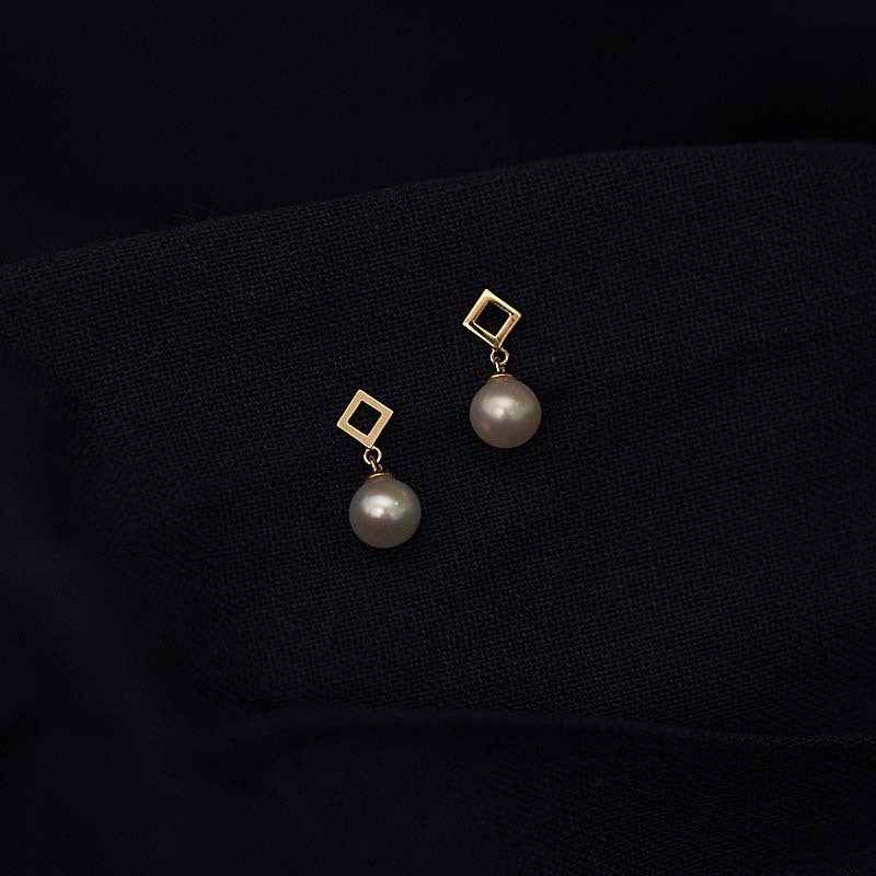 Mini Square Stud Earrings - Gold-Plated Alloy with 5mm Pearl Accent in Minimalist Modern Design