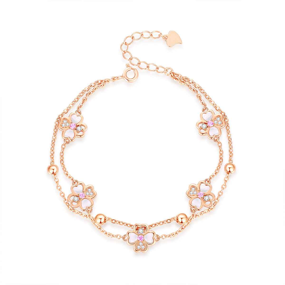 Double-Layer Four-Leaf Clover Bracelet in Sterling Silver – Lucky Charm with Rose Gold Variants