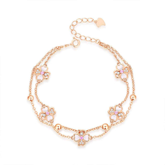 Double-Layer Four-Leaf Clover Bracelet in Sterling Silver – Lucky Charm with Rose Gold Variants