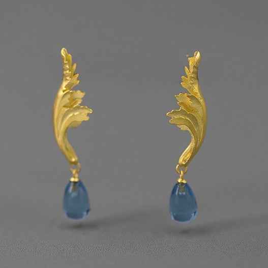 Greek Embossed Ranunculus Earrings - Sterling Silver with Gemstones and Gold-Plated Ear Clips