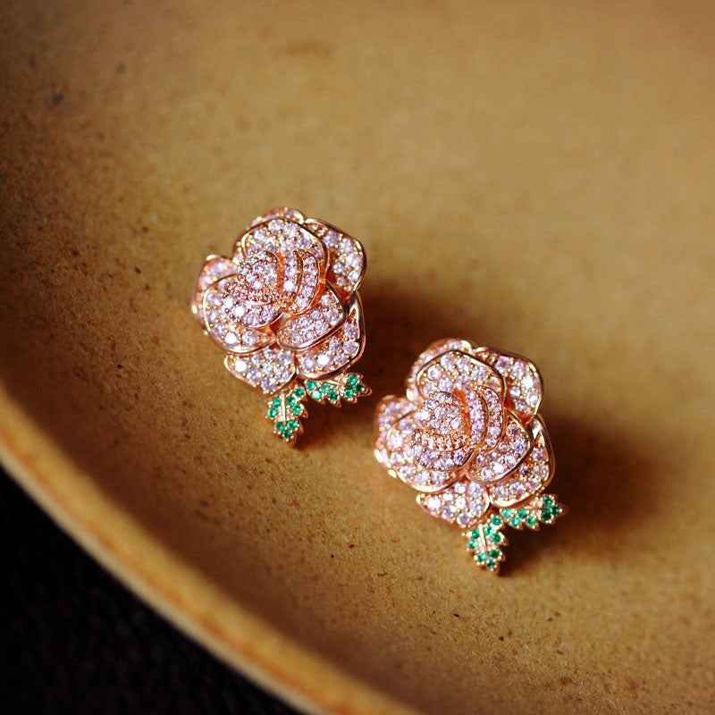 Layered Rose Earrings – Gold-Plated Eco Copper with Pink Cubic Zirconia and S925 Silver Posts