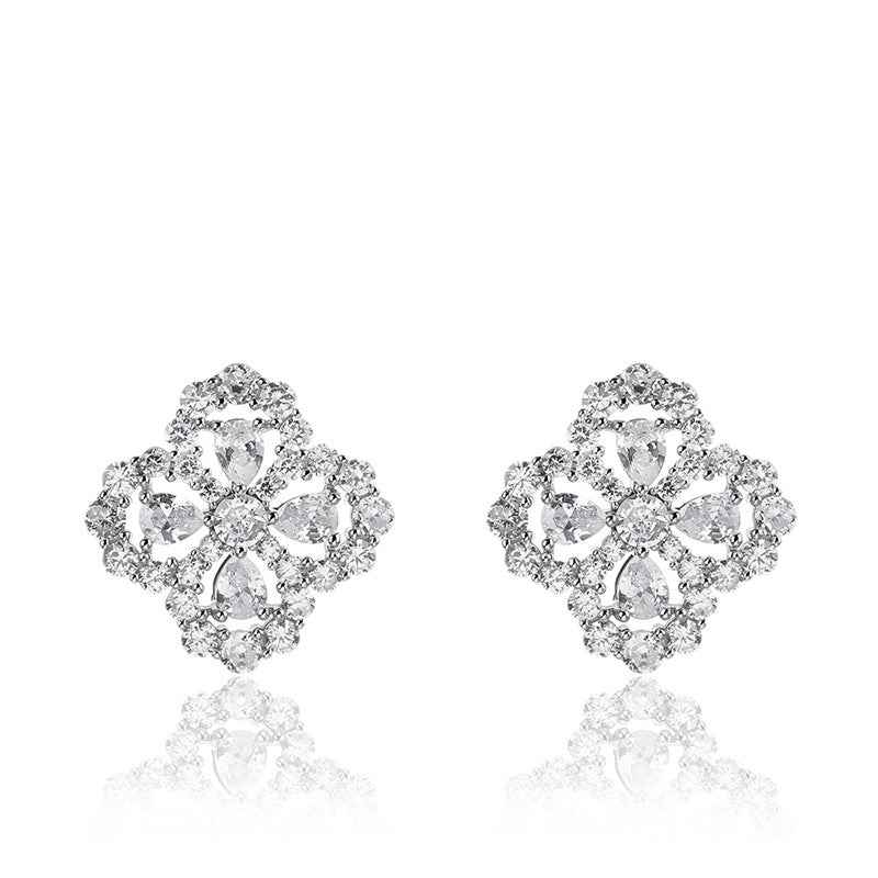 Four-Leaf Clover Earrings with Pink or White Zircon Stones – Silver Lucky Flower Jewelry