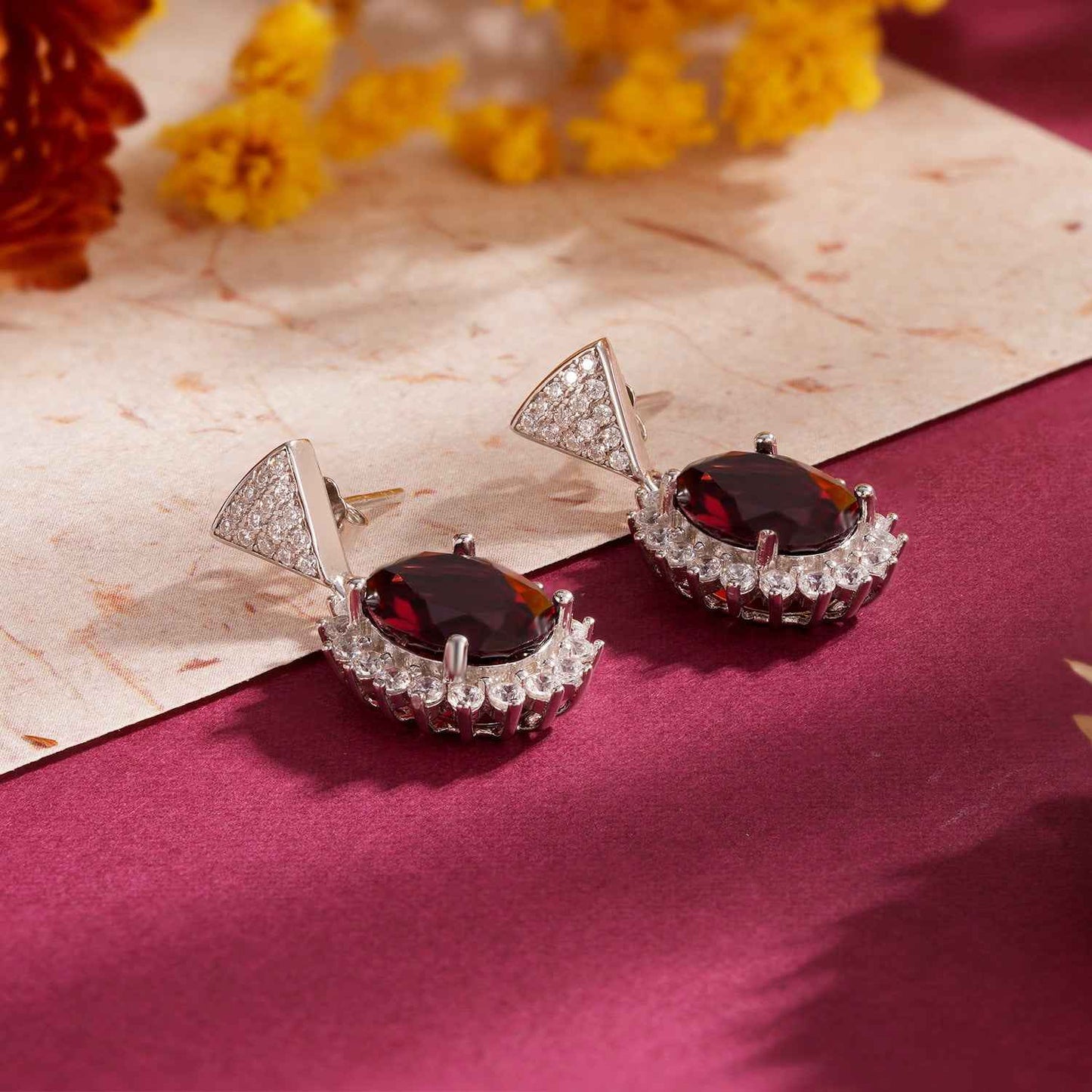 Elegant Garnet Flower Drop Earrings in 925 Sterling Silver with 5ct Natural Stones