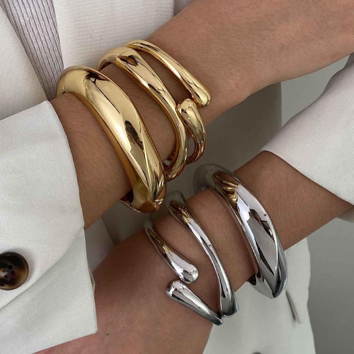 Bold Glossy Metal Statement Bracelet – Exaggerated European/American Style, Multiple Variants