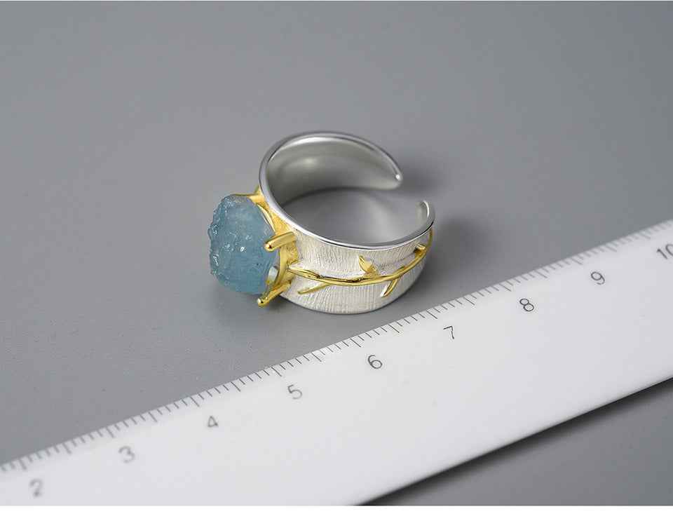 Long Leaf Aquamarine Ring - S925 Sterling Silver Floral Chinese Style Wide Band | Women's Nature-Inspired Jewelry
