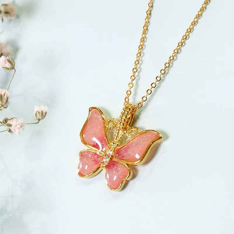 Enamel Butterfly Necklace - 18K Gold Color-Preserving Charm on Silver Chain, Versatile Luxury Accessory