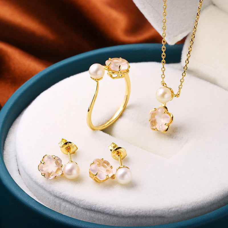 Cherry Blossom Drop Earrings - Hypoallergenic Silver with Natural Crystal & Pearl Accents in Feminine Floral Design