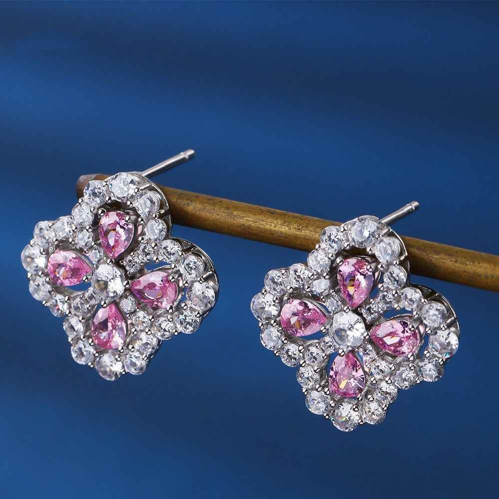 Four-Leaf Clover Earrings with Pink or White Zircon Stones – Silver Lucky Flower Jewelry