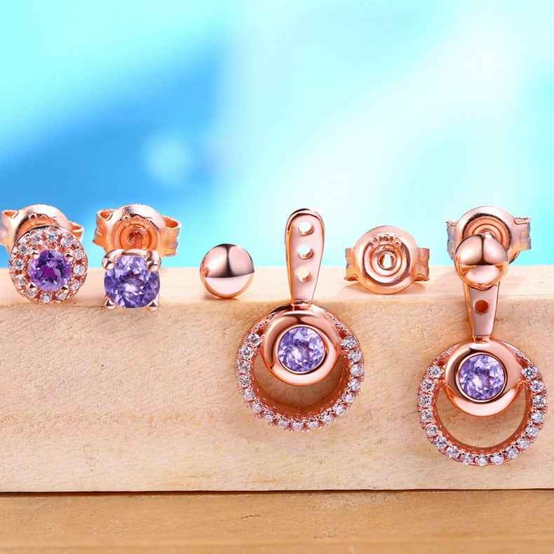 Rose Gold Amethyst Earrings - Halo Drop Design