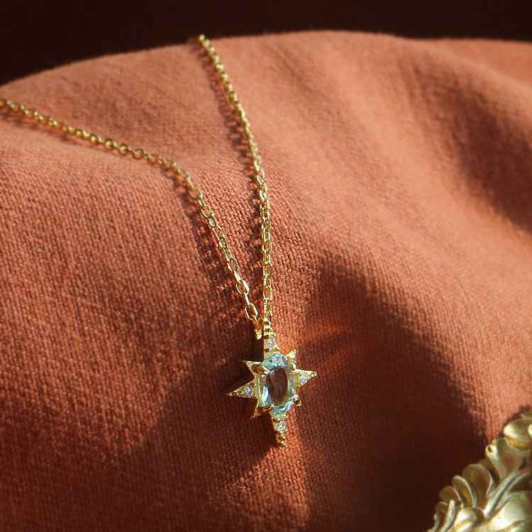 Vintage Celestial Blue Topaz Necklace - Stars & Moon Design in Gold-Plated Silver