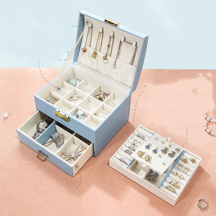 2-Layer Jewelry Organizer Box for Rings & Earrings - Dustproof Drawer Storage in Light Blue or Green