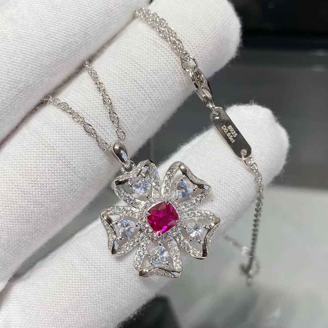 Red Square Pendant Necklace - Sterling Silver with Synthetic Ruby, Minimalist Design