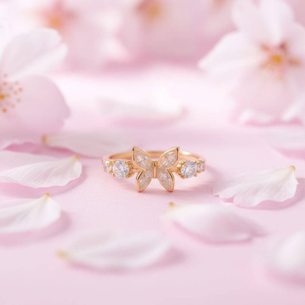 Diamond Inlaid Butterfly Ring – Thick Real Gold Plated Adjustable Luxury Party Jewelry | Women's Elegant Sweet Statement - Eterna