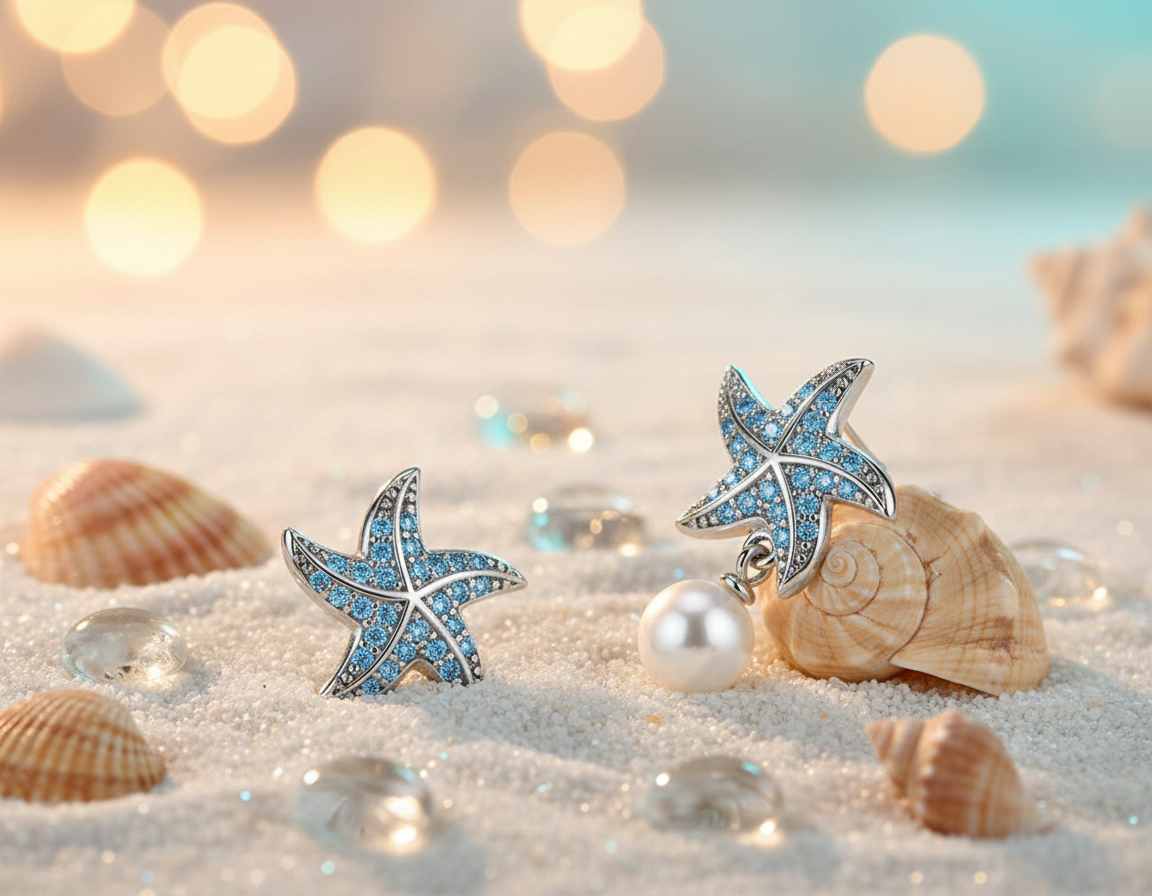 Ocean Starfish Pearl Earrings – 925 Sterling Silver, Platinum-Plated, Blue Zircon & Pearl Accents - Eterna