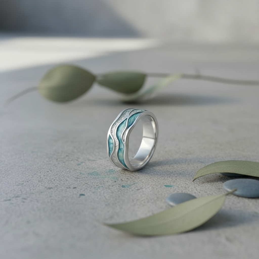 Aurora Ocean Wave Ring – Unisex Silver Beach Holiday Jewelry | Coastal-Inspired Shimmer Statement - Eterna
