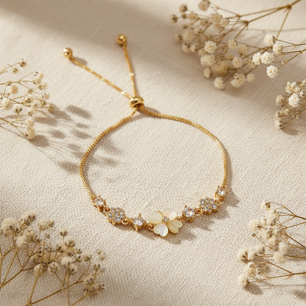 Gold-Plated Cat's Eye Flower Bracelet – Adjustable Petal Charm Jewelry - Eterna