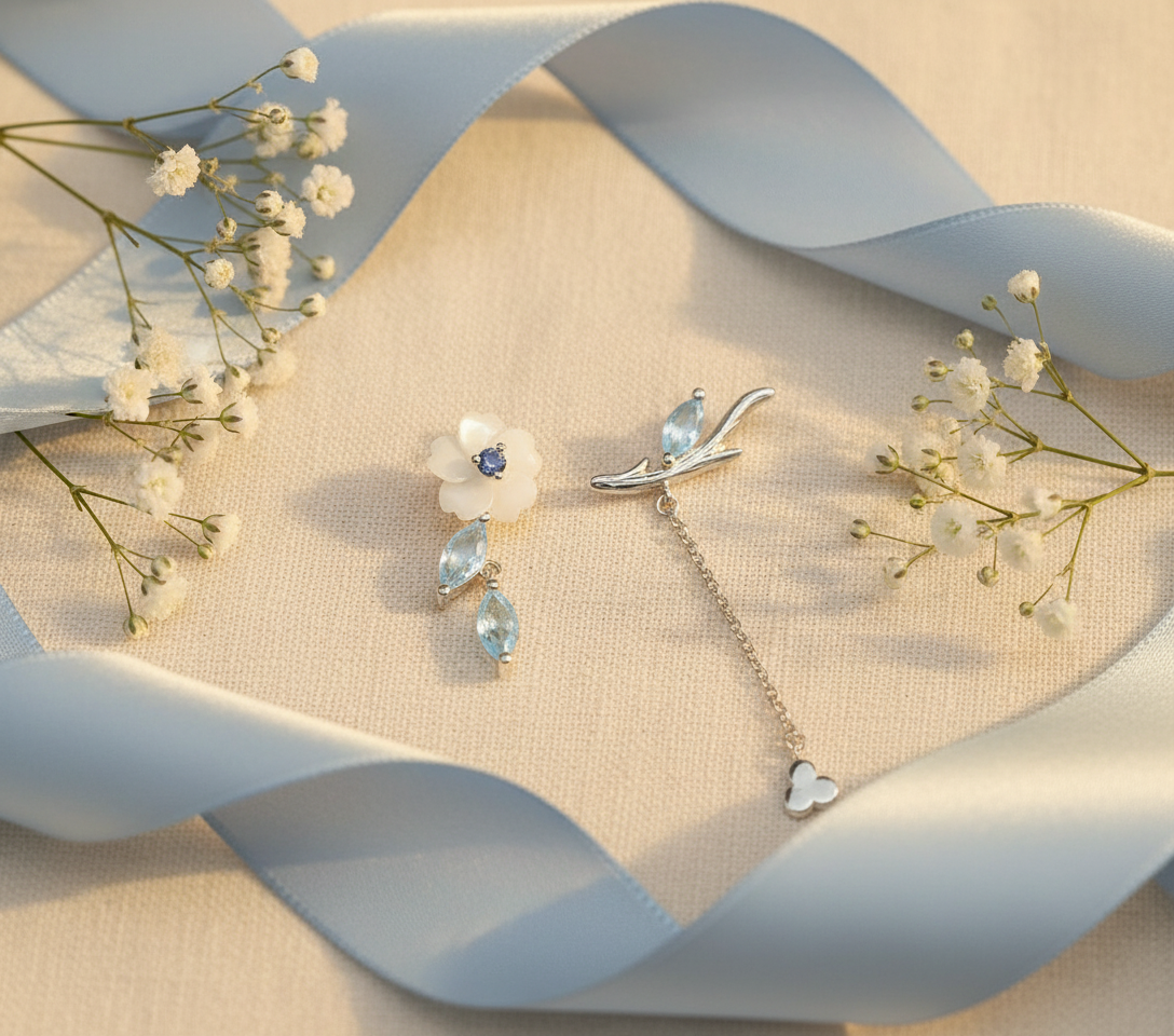 Jasmine Flower Chain Earrings – Platinum-Plated, White Shell & Blue Zircon, Thaya Design - Eterna