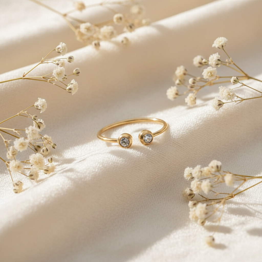 18K Gold-Plated Titanium Steel Ring – Fine Rhinestone Accents, Geometric Tree Design (Sizes 6–8) - Eterna