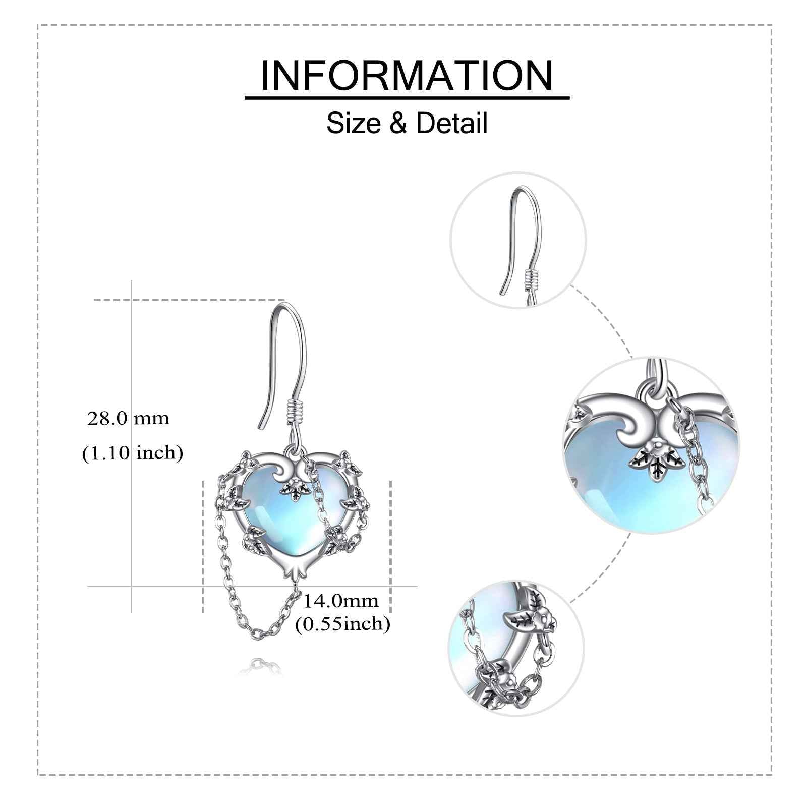 Witches Heart Moonstone Earrings - 925 Sterling Silver White Gold Plated Gothic Jewelry for Women