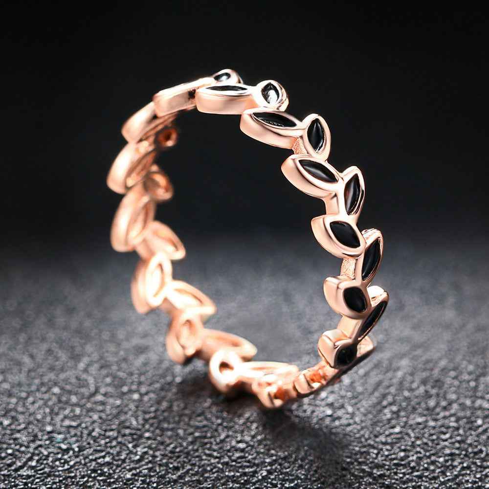Olive Branch Rose Gold Ring - Korean Style Drop Oil Flower Design for Women’s Versatile Gift Jewelry