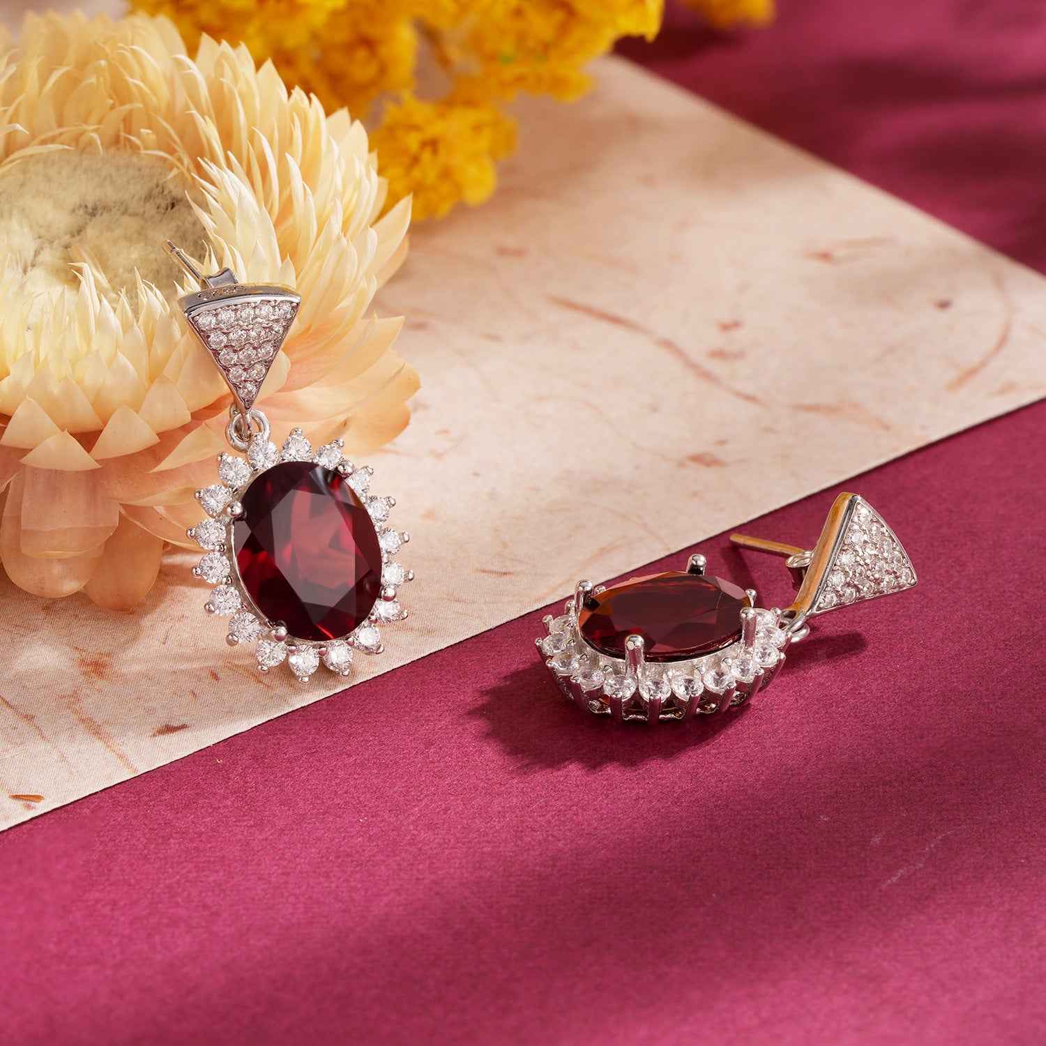 Elegant Garnet Flower Drop Earrings in 925 Sterling Silver with 5ct Natural Stones