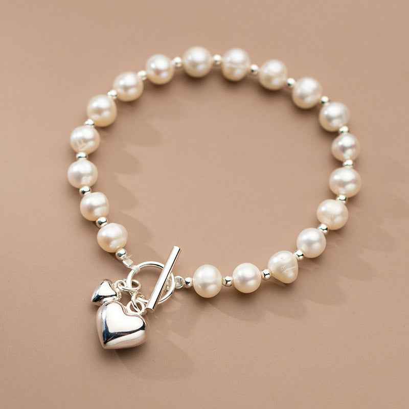 S925 Sterling Silver Love Pearl Bracelet – Elegant Heart Design for Feminine Charm
