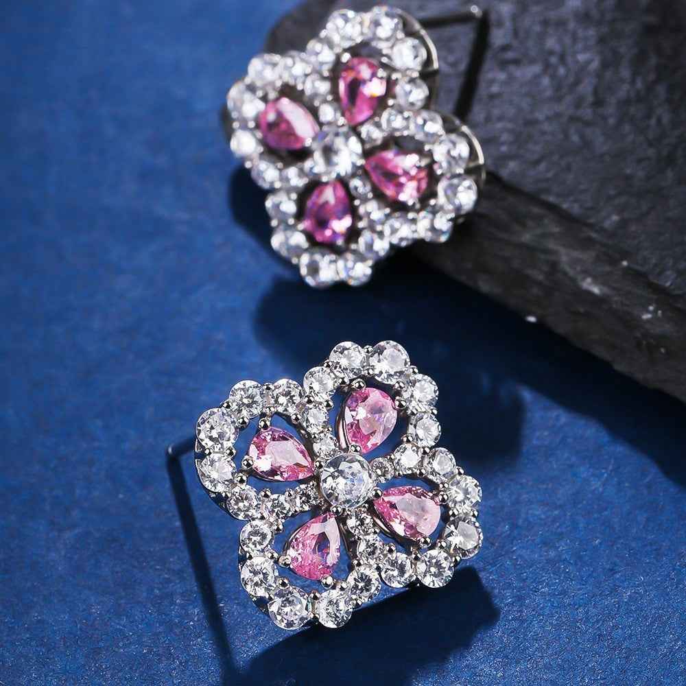 Four-Leaf Clover Earrings with Pink or White Zircon Stones – Silver Lucky Flower Jewelry