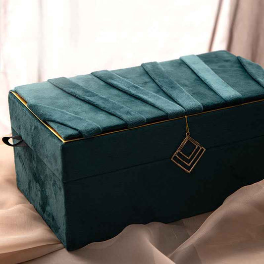 Blue Gold Flannel Jewelry Box - Elegant Organizer for Rings, Earrings, and Necklaces
