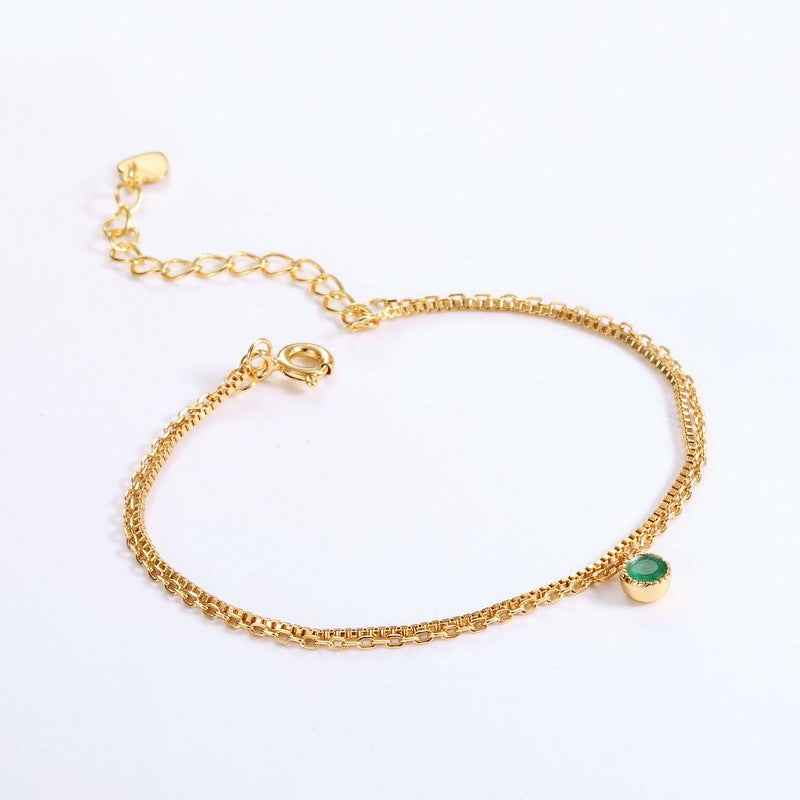 Two-Layer Sterling Silver Bracelet with Natural Emerald – Elegant Gold-Plated Geometric Design