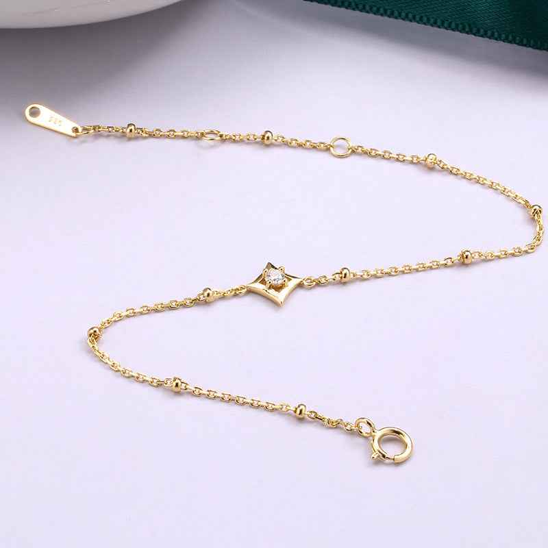 Sterling Silver Bead Chain Bracelet with Moissanite or Emerald Inlay