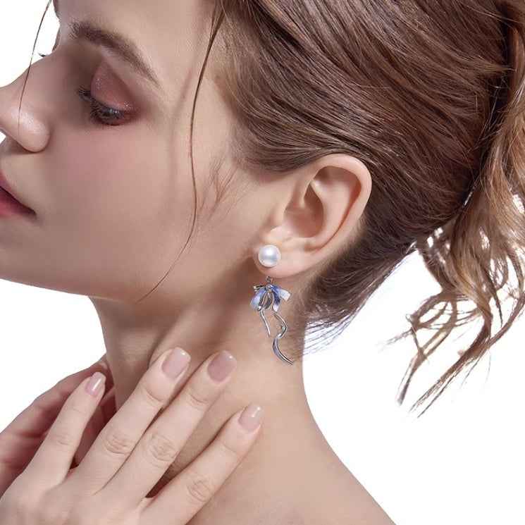 Ribbon Bowknot Earrings - Stylish Silver or Gold-Plated Alloy in Blue or Silvery