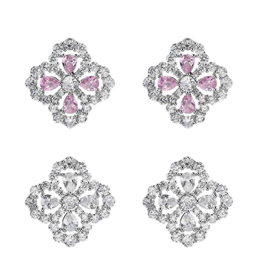 Four-Leaf Clover Earrings with Pink or White Zircon Stones – Silver Lucky Flower Jewelry