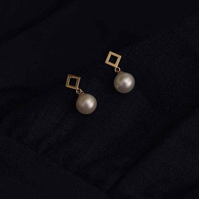 Mini Square Stud Earrings - Gold-Plated Alloy with 5mm Pearl Accent in Minimalist Modern Design