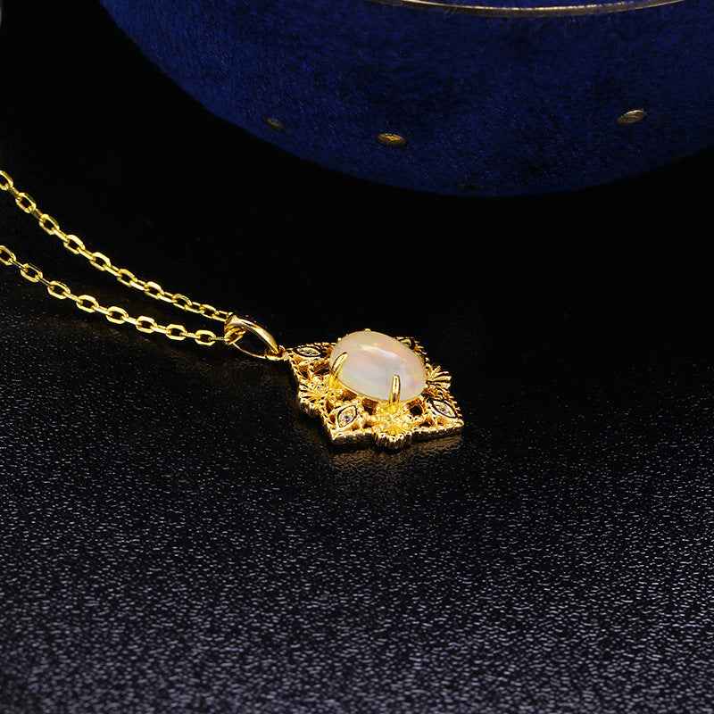 Egg-Shaped African Opal Pendant Necklace - Silver Bead Edged Geometric Hollow Design