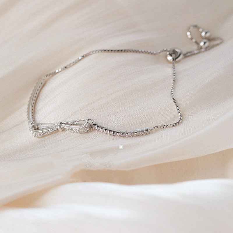 Minimalist Bow Bracelet - 925 Sterling Silver, Princess Style, Adjustable Travel Gift