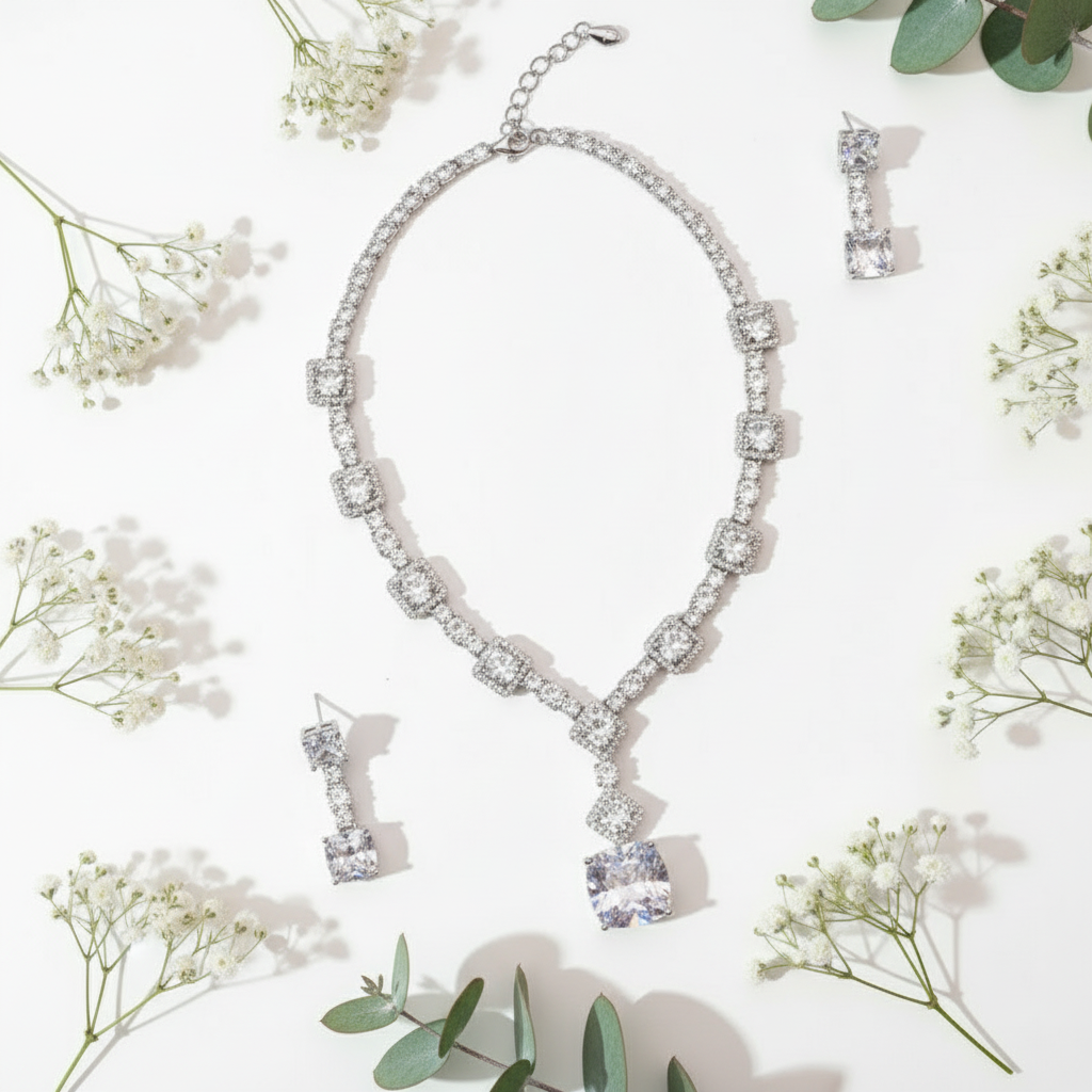Bridal Necklace & Earrings Set – Sparkling Zircon Stones, Elegant Wedding Jewelry - Eterna