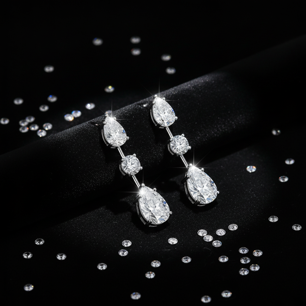 Pear & Round Cut Moissanite Dangle Earrings in Sterling Silver - Eterna